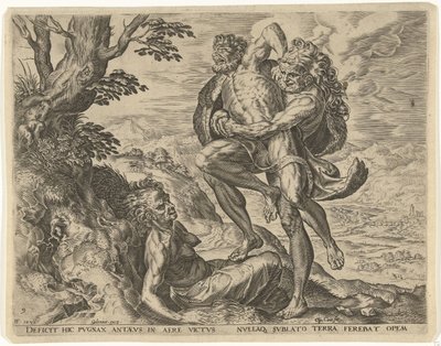 Hercules worstelt met Antaeus door Cornelis Cort