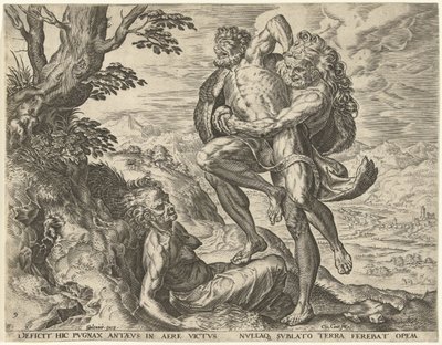 Hercules worstelt met Antaeus door Cornelis Cort