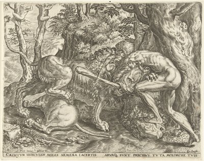Hercules wurgt de Nemeïsche leeuw door Cornelis Cort