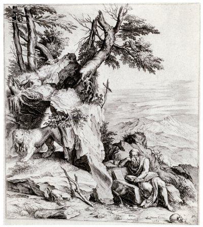 Landschap met Sint Hiëronymus door Cornelis Cort
