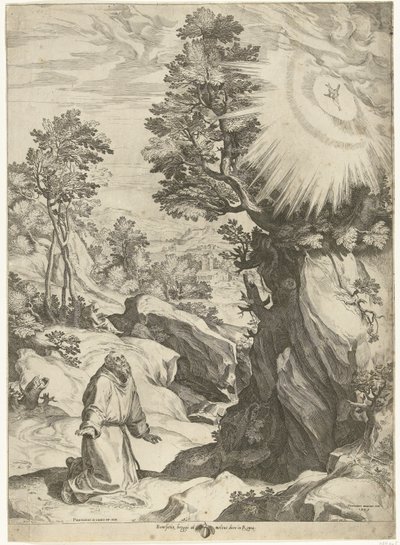 Landschap met het visioen van de H. Franciscus van Assisi door Cornelis Cort