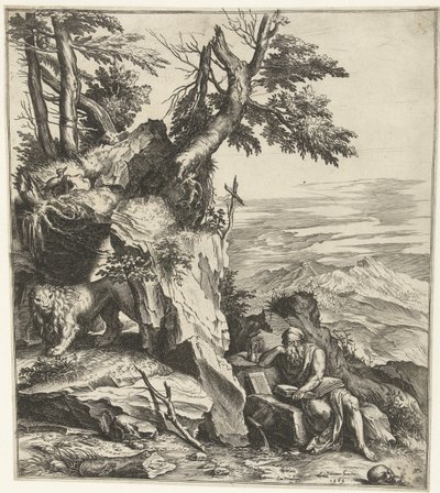 Landschap met lezende Hieronymus door Cornelis Cort