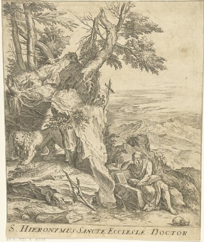 Landschap met lezende Hieronymus door Cornelis Cort