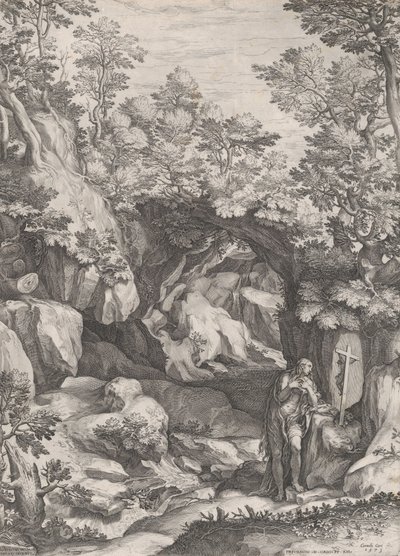 Maria Magdalena berouwvol in de wildernis. door Cornelis Cort