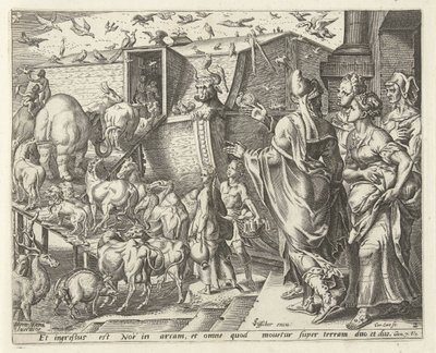 Noach gaat met zijn familie en de dieren aan boord van de ark door Cornelis Cort