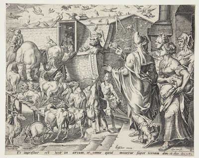Noach, zijn familie en de dieren gaan aan boord van de ark door Cornelis Cort