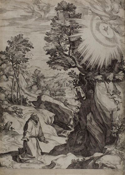 Heilige Franciscus boetvaardig in een groot landschap door Cornelis Cort
