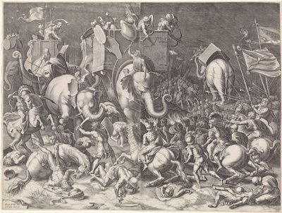 Slag bij Zama tussen Scipio en Hannibal, bij nacht door Cornelis Cort