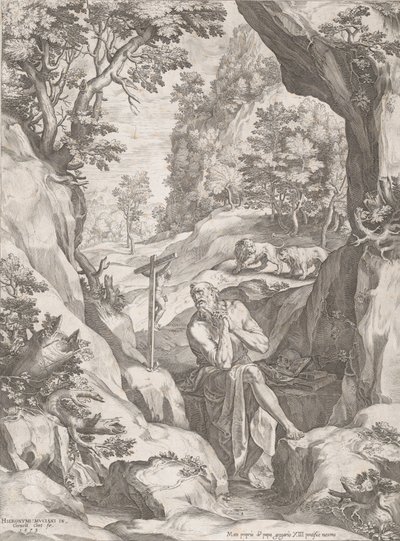 St. Hiëronymus boetvaardig in de wildernis, 1573 door Cornelis Cort