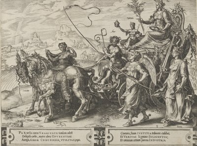 De Triomf van de Vrede, uit De Cyclus van de Wisselvalligheden van Menselijke Zaken, plaat 8, 1564 door Cornelis Cort