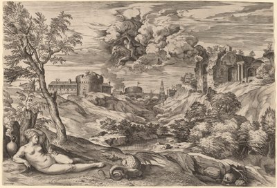 Landschap met Roger die Angelica bevrijdt door Cornelis Cort after Titian