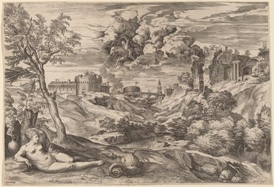 Landschap met Roger die Angelica Bevrijdt door Cornelis Cort after Titian