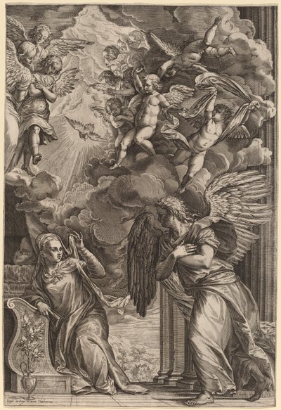 De annunciatie door Cornelis Cort after Titian