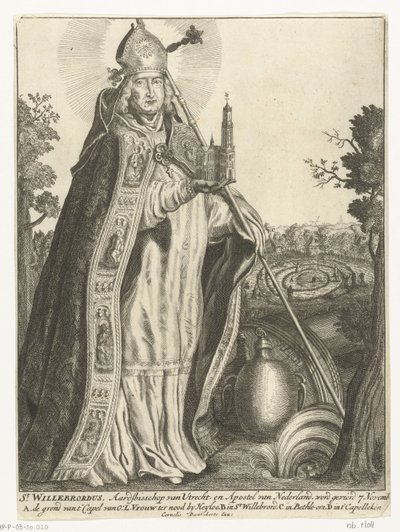 Heilige Willibrordus als aartsbisschop met kerkmodel van Dom te Utrecht door Cornelis Danckerts (I)