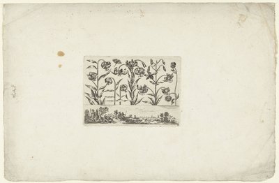 Rij bloemen boven landschap Bloemen en landschappen (series title) door Cornelis Danckerts (I)