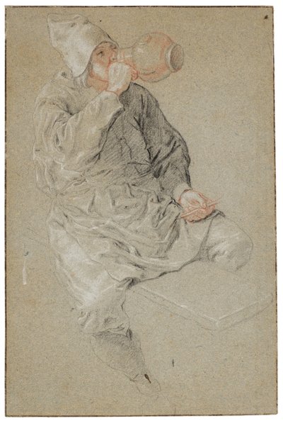 Een zittende man drinkt uit een aardewerken pul en houdt een pijp vast (krijt op papier) door Cornelis Dusart