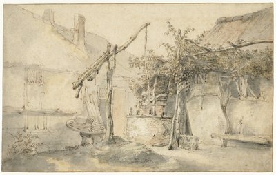 Boerenerf met waterput door Cornelis Dusart