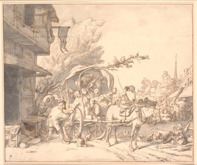 Marktscène met dronken boeren in een wagen voor een herberg door Cornelis Dusart