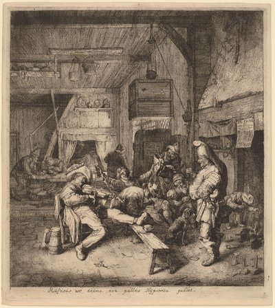 Violenspeler zittend in een taverne door Cornelis Dusart