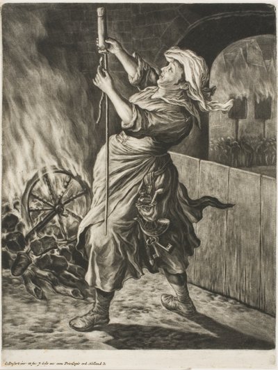 Vrouw die een raket aansteekt, ook wel genoemd Vrede brengt me op gang, van Communia Gaudia (De wijdverspreide vreugde bij het beleg van Namen) door Cornelis Dusart