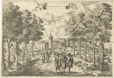Wandelaars en een kasteel door Cornelis Elandts