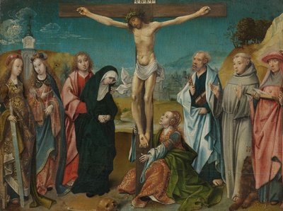 Christus aan het kruis, met Maria, Johannes, Maria Magdalena en de heiligen Cecilia en Barbara (links) en Petrus, Franciscus en Hiëronymus (rechts) door Cornelis Engebrechtsz