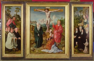 Drieluik van de Kruisiging: St. Barbara met Donoren (rechter vleugel); St. Jacobus de Meerdere met Donoren (linker vleugel); De Kruisiging (midden) door Cornelis Engebrechtsz