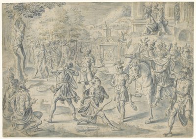 Schieten op vaders lijk door Cornelis Floris (II) (circle of)