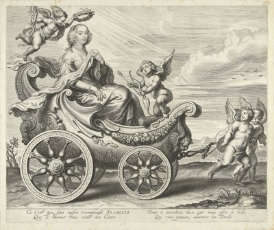 Clara Isabella de Ligne-Arenberg (?) in een triomfwagen door Cornelis Galle (I)