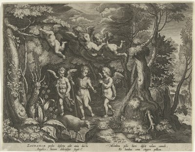 Johannes de Doper wordt begeleid door engeltjes als hij de woestijn intrekt door Cornelis Galle (I)