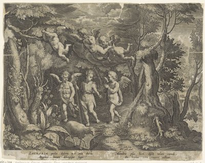 Johannes de Doper wordt begeleid door engeltjes als hij de woestijn intrekt door Cornelis Galle (I)