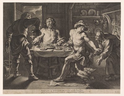 Jupiter en Mercurius in het huis van Philemon en Baucis door Cornelis Galle (I)