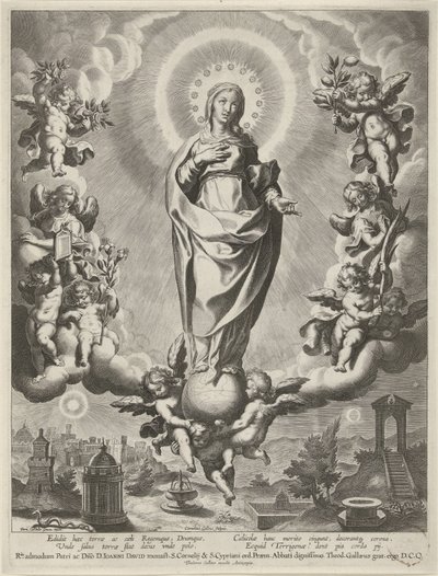 Maria op een globe, omringd door engelen door Cornelis Galle (I)