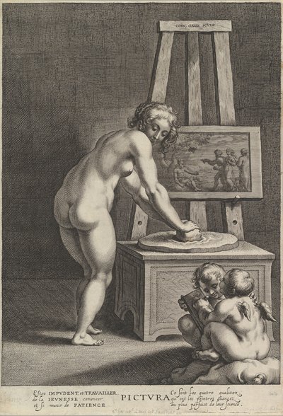 Pictura: allegorie van schilderkunst, met een naakte vrouw in het midden die pigmenten maalt, ca. 1610-50 door Cornelis Galle I
