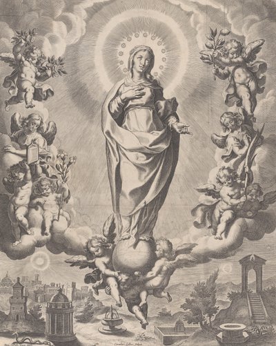 De Maagd in Glorie, staand op wolken en omringd door engelen met symbolen door Cornelis Galle I