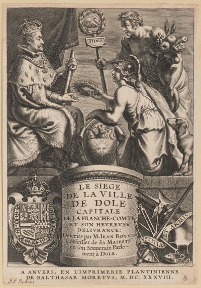 Titelpagina voor Jean Boyvin, Le Siège de la Ville de Dole door Cornelis Galle I after Erasmus Quellinus II after Sir Peter Paul Rubens