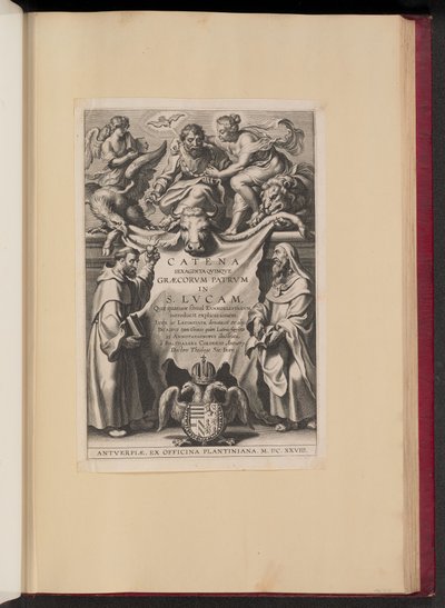 Titelpagina voor Balthasar Cordier, Catena Sexaginta Qvinqve Graecorvm Patrvm in S. Lvcam door Cornelis Galle I after Sir Peter Paul Rubens
