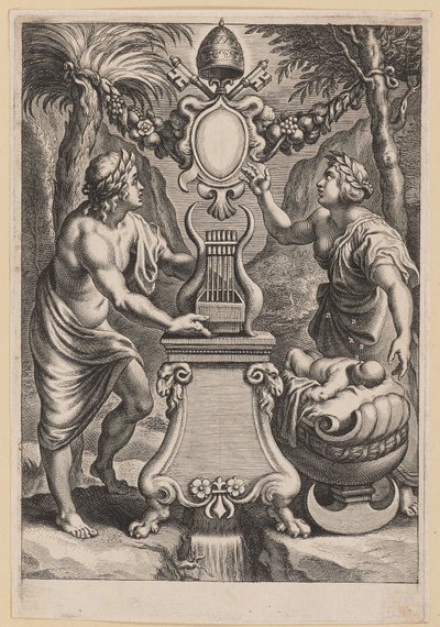 Titelpagina voor M.C. Sarbievski, Lyricorum Libri IV door Cornelis Galle I after Sir Peter Paul Rubens