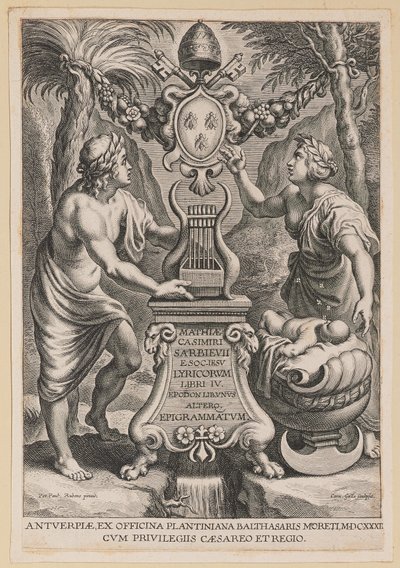 Titelpagina voor M.C. Sarbievski, Lyricorum Libri IV door Cornelis Galle I after Sir Peter Paul Rubens