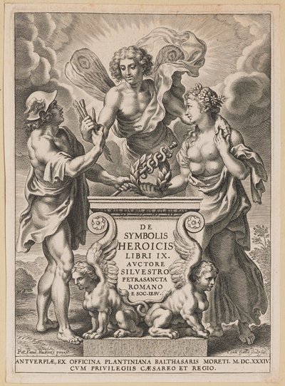 Titelpagina voor Silvester Pietrasanta, De Symbolis Heroicis door Cornelis Galle I after Sir Peter Paul Rubens