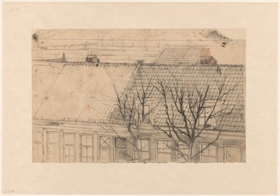 Gezicht op de daken van de Vondelkade (Overtoom), over de Constantijn Huygensstraat, naar het Pesthuis te zien door Cornelis Gerardus 