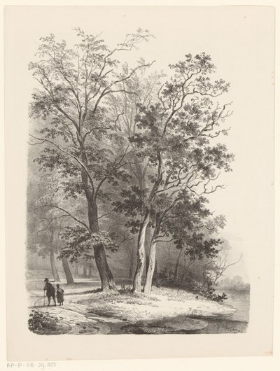 Twee figuren wandelen in een bos door Cornelis Gerrit Verburgh