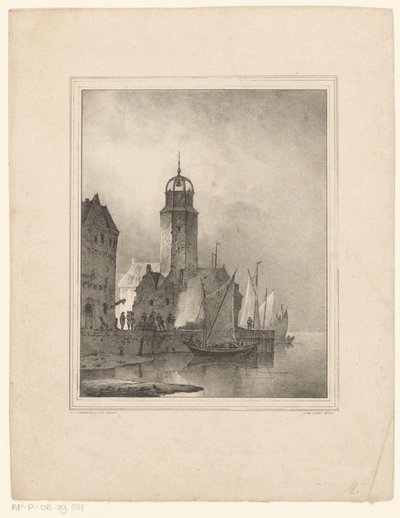 Zeilboten leggen aan in stad door Cornelis Gerrit Verburgh