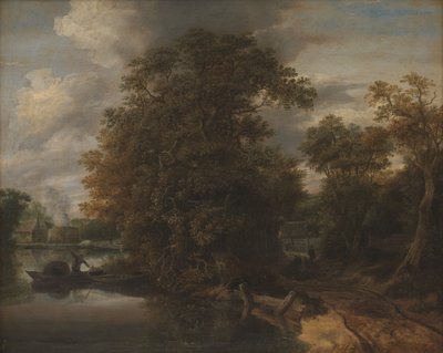 Landschap bij een rivier. Op de achtergrond een kalkoven door Cornelis Gerritsz Decker