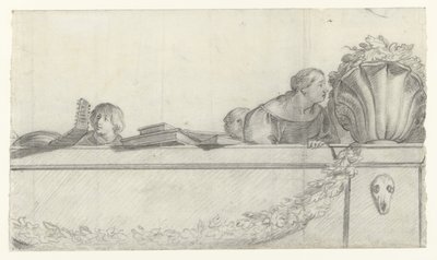 Personen op een balustrade met festoenen (series title) door Cornelis Holsteyn