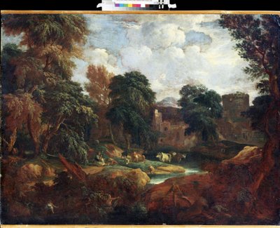 Vallei in Vlaanderen in de zomer met een kudde koeien bij een rivier door Cornelis Huysmans