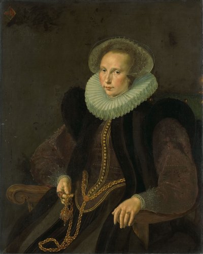 Dutch: Griete Jacobsdr van Rhijn (1585-1652). Echtgenote van Jacob Cornelisz Banjaert, genaamd van Neck Portrait of Griete Jacobsdr van Rhijn (1585-1652). Wife of Jacob Cornelisz Banjaert, called van Neck door Cornelis Ketel