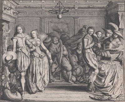 Interieur met dansende koppels en muzikanten door Cornelis Koning