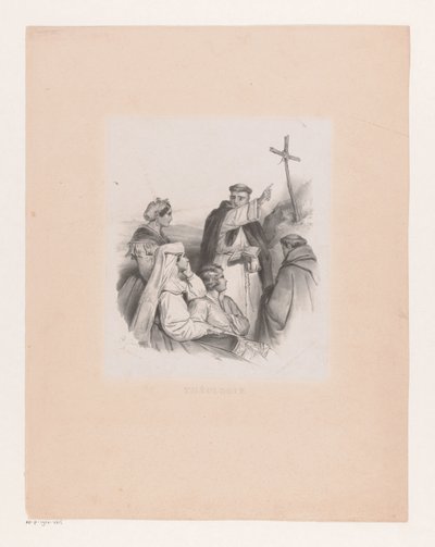 Gezelschap en monniken bij een kruis door Cornelis Kruseman