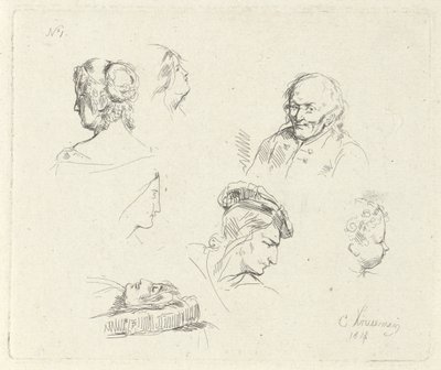 Studieblad met verschillende koppen door Cornelis Kruseman